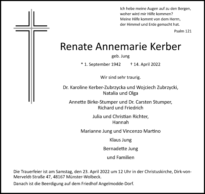  Traueranzeige für Renate Annemarie Kerber vom 20.04.2022 aus 